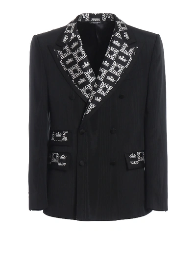 Dolce & Gabbana Silk Blend Moire Dg Crown Blazer In Black