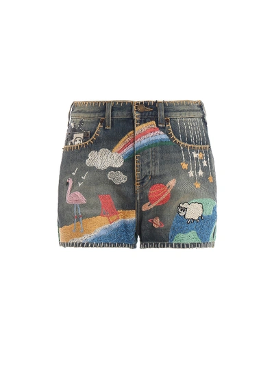 Saint Laurent Richly Embroidered Slim Fit Denim Short Trousers In Multicolour