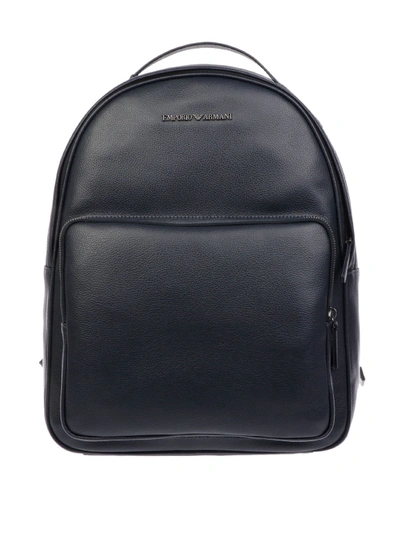 Emporio Armani Blue Grained Leather Backpack In Dark Blue