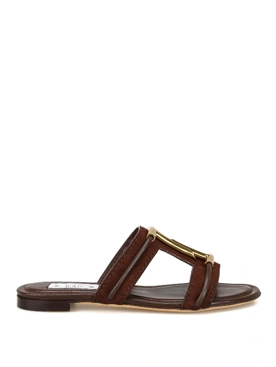 Tod's Double T Suede And Leather Flat Sandals In Brown