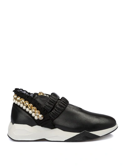 Loriblu Pearl Embellished Leather Slip On Sneakers In Black