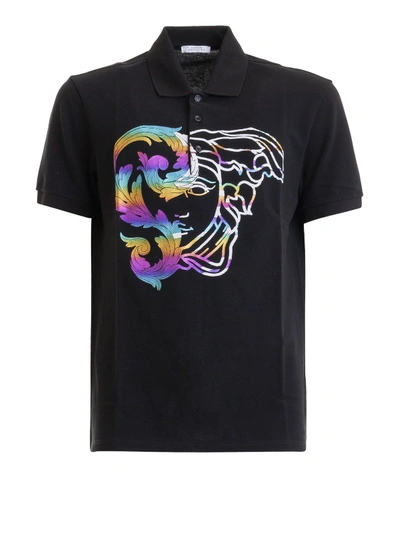 Versace Multicolour Print Polo Shirt In Black