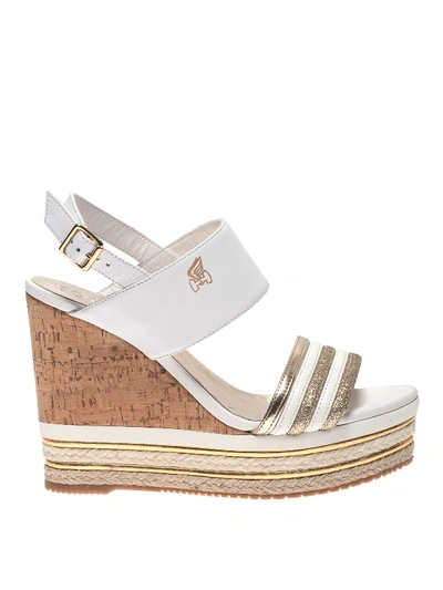 Hogan White Leather And Gold Glitter Wedge Sandals