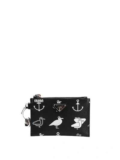 Prada Seagull Print Saffiano Pouch In Black