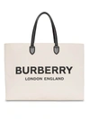 BURBERRY LOGO DETAILED OFF WHITE COTTON BLEND TOTE