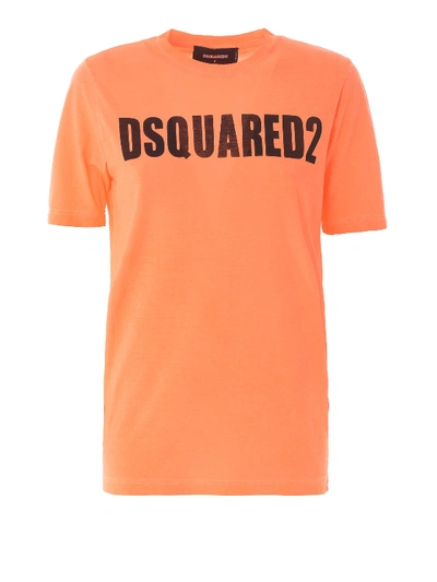 Dsquared2 Logo Lettering Orange Cotton T-shirt In Neon Orange