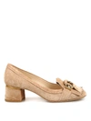 TOD'S T RING FRINGED SUEDE LOW HEEL PUMPS