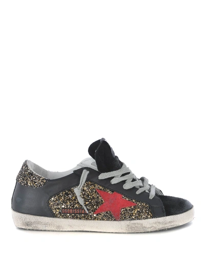 Golden Goose Superstar Sneaker In Silver Gold Glitter/red Star In Black