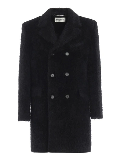 Saint Laurent Fluffy Alpaca And Wool Double-breasted Coat In Black