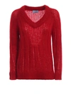 PRADA RED RIBBED MOHAIR AND WOOL V NECK SWEATER