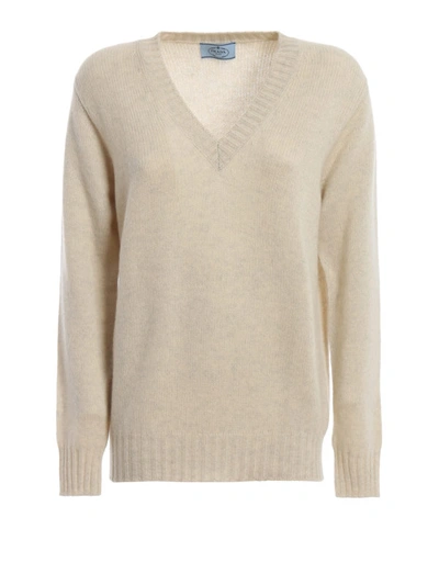 Prada Melange Cashmere V-neck Sweater In Beige