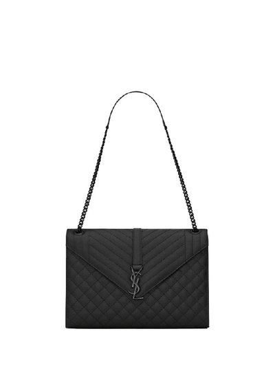 Pre-owned Saint Laurent  Envelope Grain De Poudre Embossed Leather Mix Matelasse Large Black