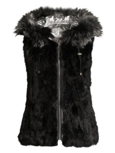 Adrienne Landau Reversible Rabbit & Fox Fur Quilted Metallic Vest In Black