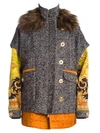 VERSACE Faux Fur Collar Tweed Quilted Parka