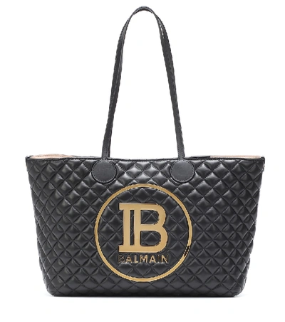 Balmain Logo Quilted Leather Tote In Black