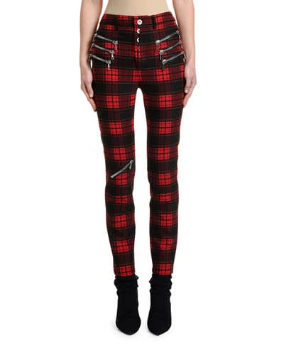 Ben Taverniti Unravel Project Triple Zipped Plaid Skinny Pants In Red,black