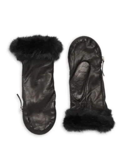 Carolina Amato Faux Fur-trim Leather Mittens In Black