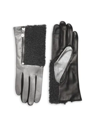 Carolina Amato Touch Tech Metallic Leather & Shearling Gloves In Silver