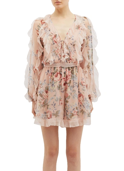 Zimmermann 'bowie Frill' Belted Ruffle Floral Print Silk Rompers