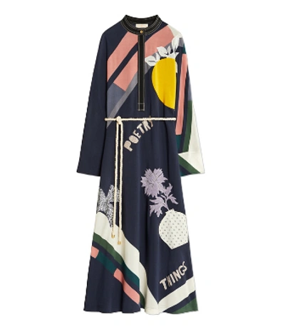 Tory Burch Scarf Print Embroidered Long Sleeve Midi Dress With Rope Belt In Navy Poetry Of Things