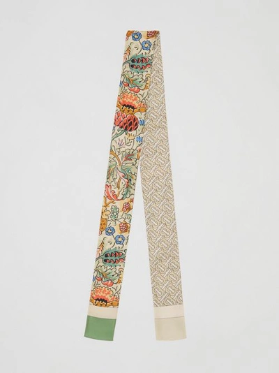 Burberry Floral And Monogram Print Silk Skinny Scarf In Sage Green