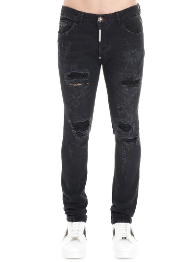 Philipp Plein Super Straight Cut Destroyed Jeans In Black