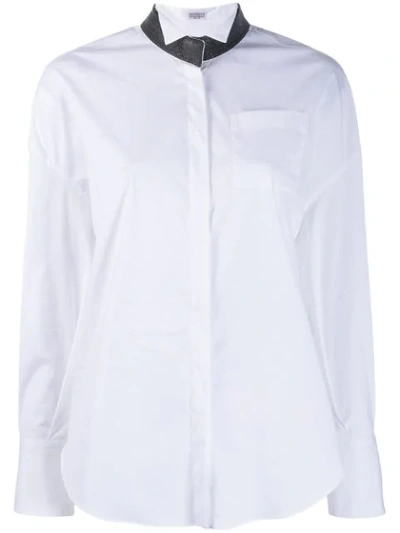 Brunello Cucinelli Stretch Cotton Poplin Shirt With Contrast Collar In White