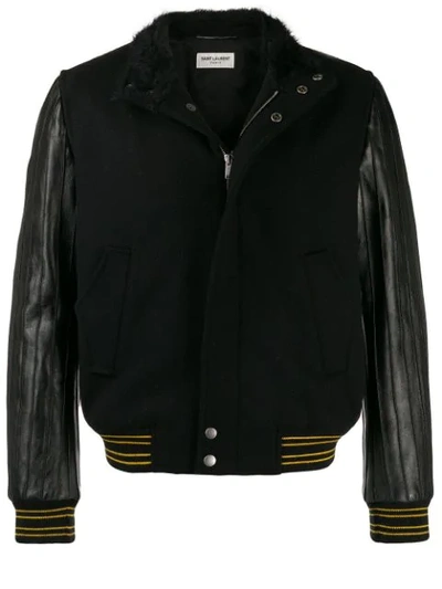 Saint Laurent Men's Teddy Varsity Jacket W/ Leather Sleeves In Black