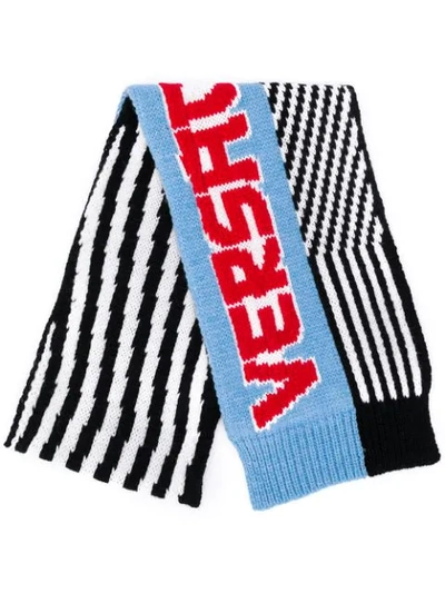 Versace Striped Logo Knitted Scarf In Black
