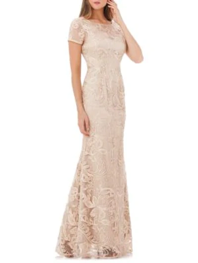 Js Collections Embroidered Lace A-line Gown In Beige