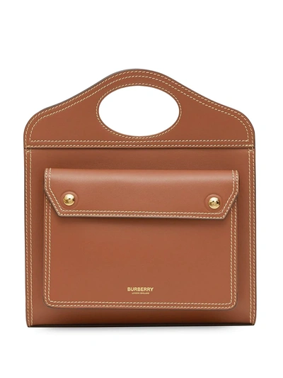 Burberry Mini Topstitch Detail Leather Pocket Bag In Malt Brown