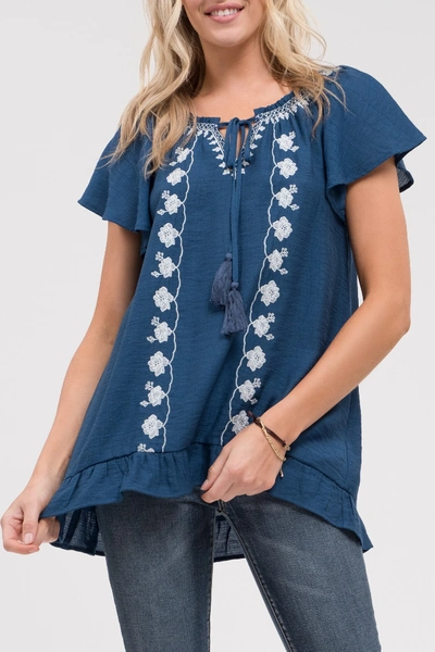 Blu Pepper Floral Embroidered Tie Neck Top In Navy