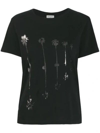 Saint Laurent Palm Tree Print T-shirt In Black,silver