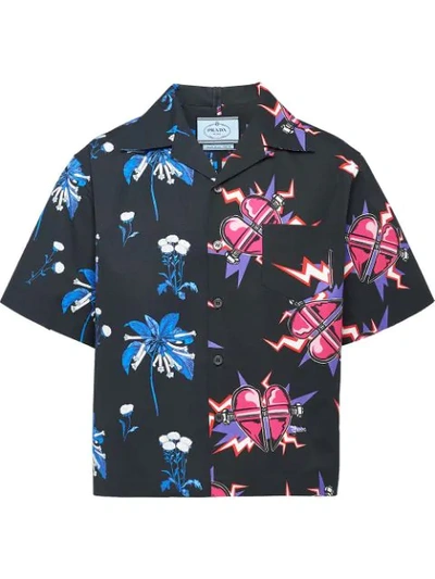 Prada Flower And Heart-print Cotton Shirt In Fuxia Cobalto
