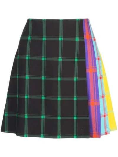 Alice And Olivia Semira Multicolor Side-pleat Plaid Mini A-line Skirt In Plaid Black/emerald Combo