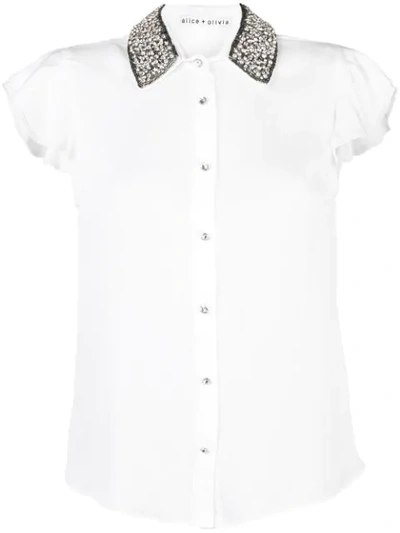 Alice And Olivia Willa Flutter Sleeve Embellished Silk Top In White