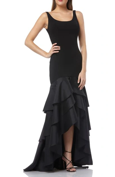 Carmen Marc Valvo Infusion Tiered High/low Crepe Gown In Black