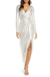 ELIZA J TWIST FRONT LONG SLEEVE METALLIC GOWN,EJ9M2112