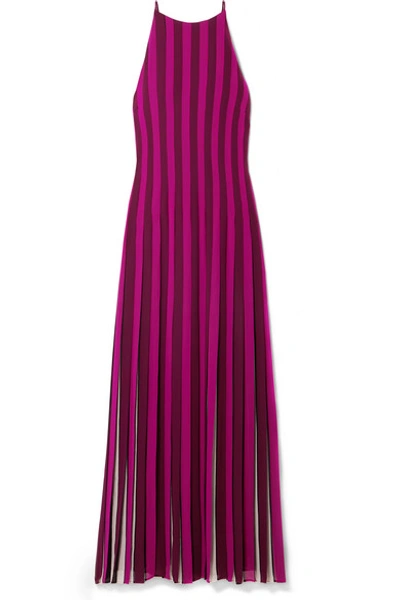 Michael Michael Kors Pleated Striped Crepe Maxi Dress In Magenta