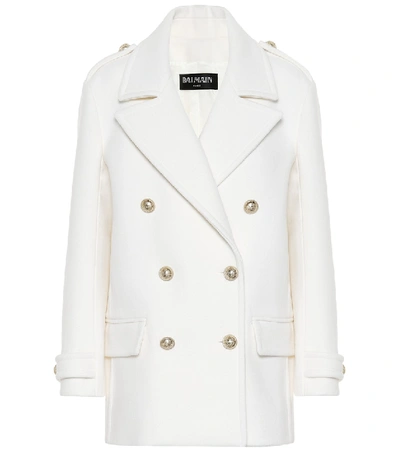 Balmain Wool Pea Coat In White