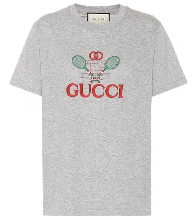 Gucci Tennis Logo-embroidered Cotton-jersey T-shirt In Grey