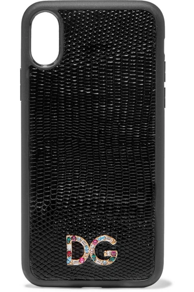Dolce & Gabbana Crystal-embellished Lizard-effect Leather Iphone X And Xs Phone Case In Black