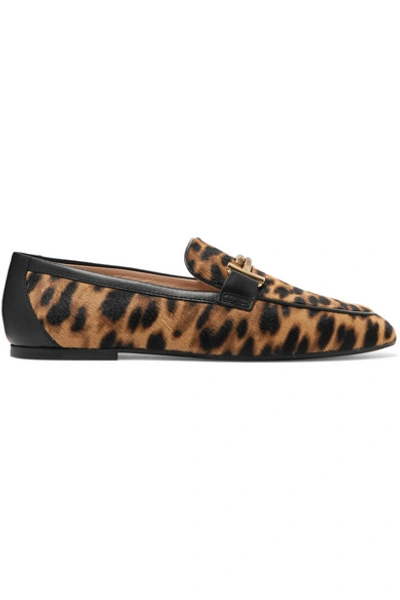 Tod's Embellished Leather-trimmed Leopard-print Calf-hair Loafers In Leopard Print