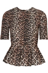 GANNI SHIRRED LEOPARD-PRINT COTTON AND SILK-BLEND PEPLUM TOP