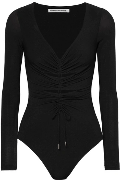 Alexander Wang T Cut-out Ruched Stretch-jersey Thong Bodysuit In Black