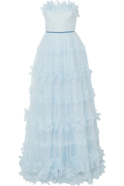 Marchesa Notte Strapless Appliquéd Velvet-trimmed Tulle Gown In Light Blue