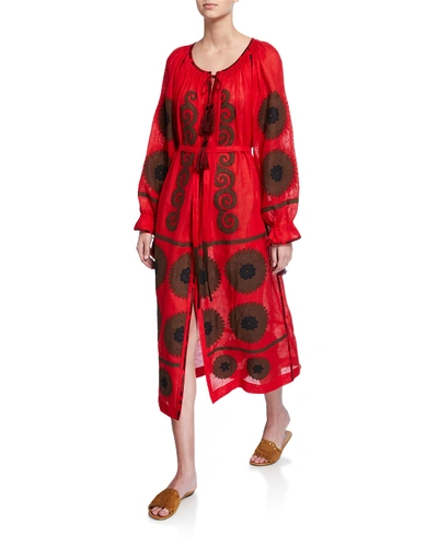 Vita Kin Embroidered Linen Multi-tassel Long-sleeve Midi Dress In Red/black