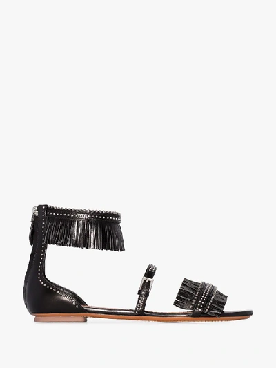 Alaïa Black Leather Studded Fringe Detail Sandals