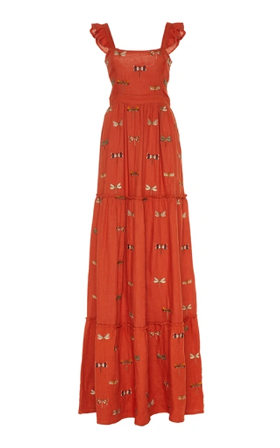 Agua By Agua Bendita Herbarium Tiered Embroidered Linen Maxi Dress In Orange