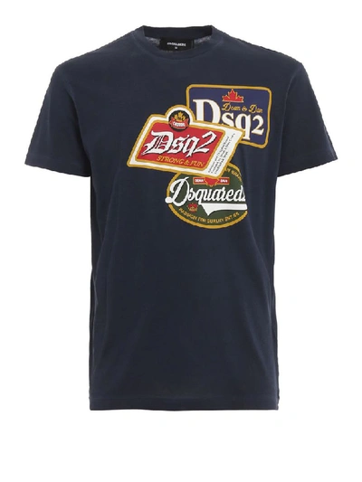 Dsquared2 Printed Patch Navy Blue Cotton T-shirt In Dark Blue